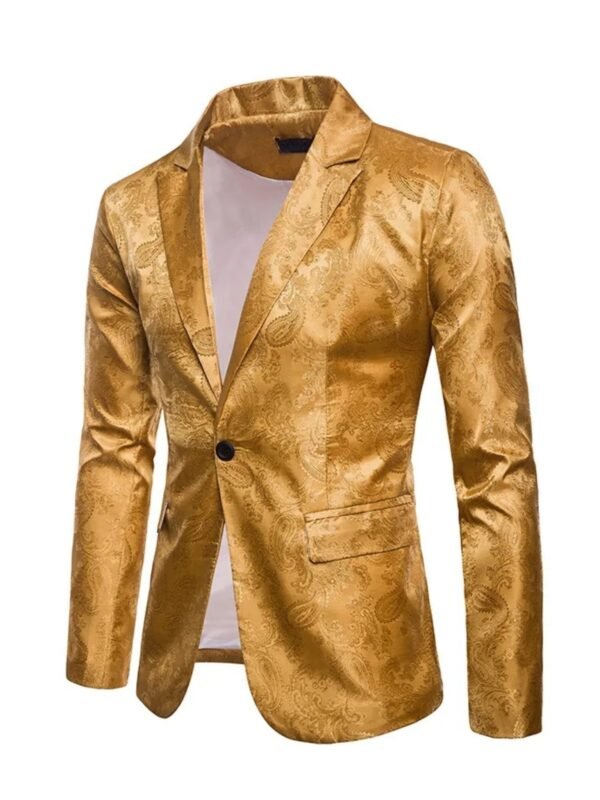 Elegant Gold Paisley Blazer With Peak Lapel and Single-Button Closure