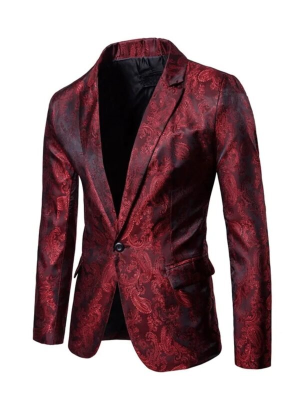 Elegant Red Paisley Blazer With Peak Lapel and Single-Button Closure