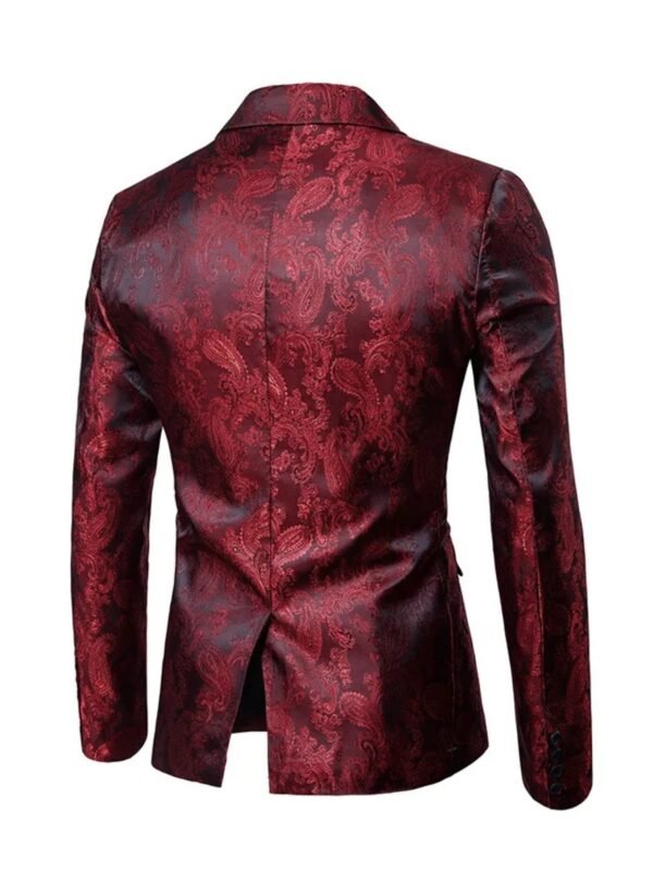 Elegant Red Paisley Blazer With Peak Lapel and Single-Button Closure