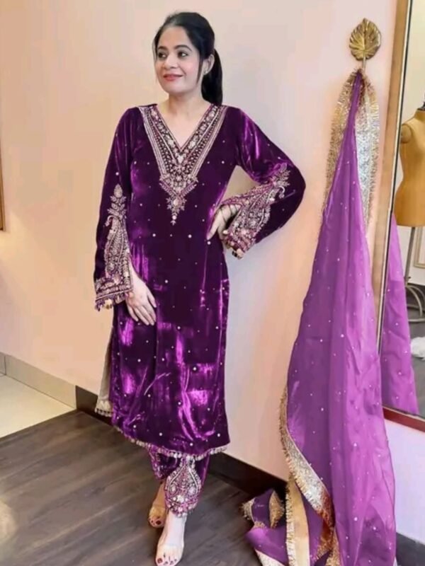 Butiful Trendy Velvet Stitched Suit for a luxurious look