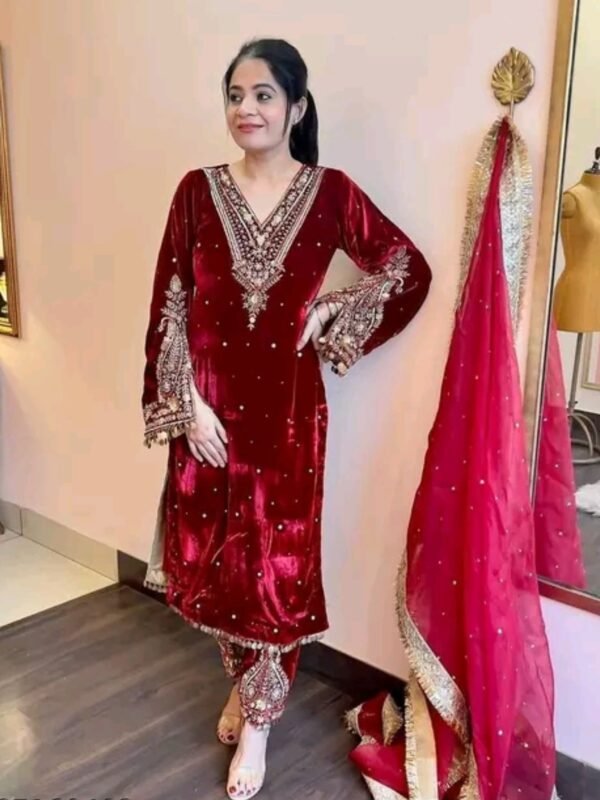 Butiful Trendy Velvet Stitched Suit for a luxurious look Red Color’s