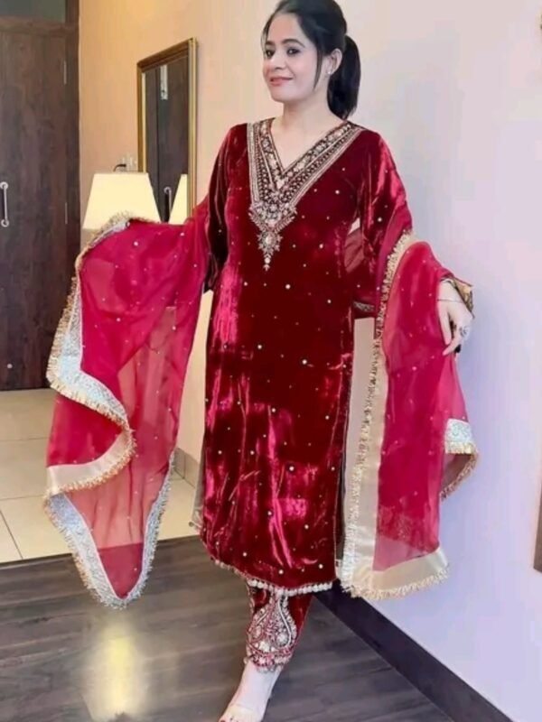 Butiful Trendy Velvet Stitched Suit for a luxurious look Red Color’s