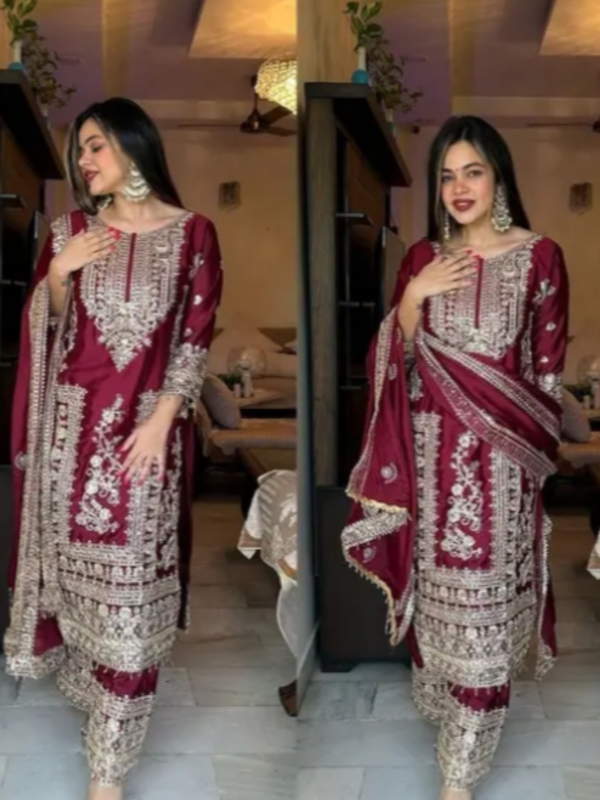 Presenting New Designer Collection In Pure Chinnon Embroidered Maroon Kurta Set
