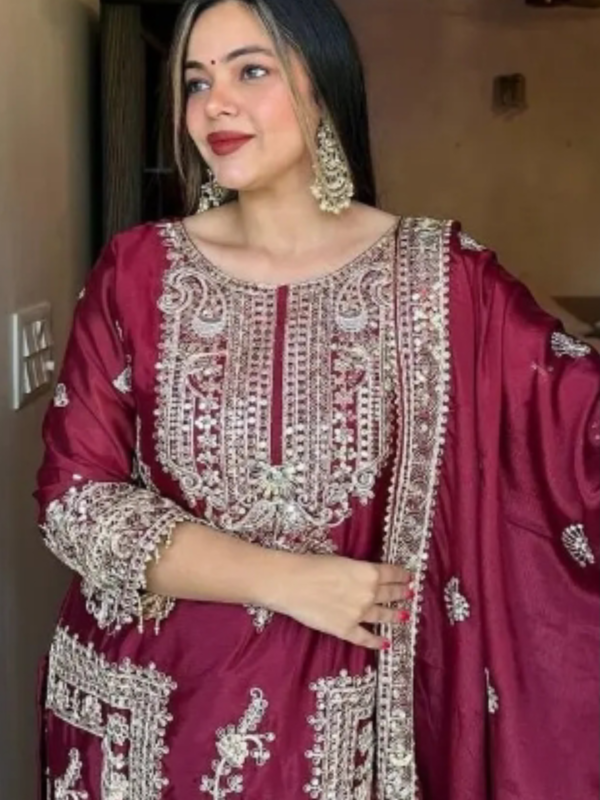 Presenting New Designer Collection In Pure Chinnon Embroidered Maroon Kurta Set