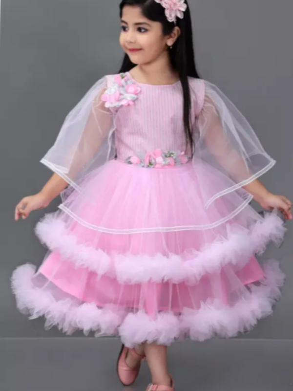 Kid’s Embellished Round Neck Pink Frocks & Dresses