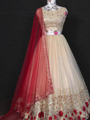 Cream-Red Embellished Sequinned
