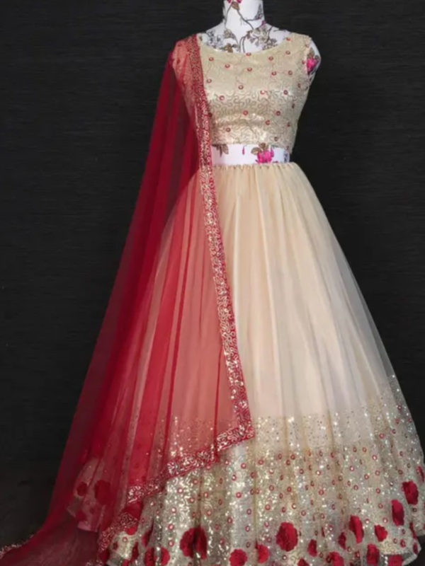 Cream-Red Embellished Sequinned