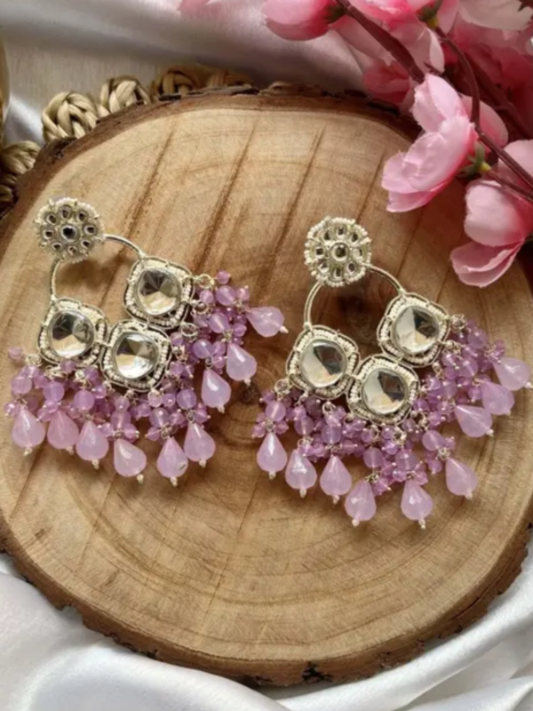 Pack Of 1 Brass Silver Plated Tradition Chandbalis lavender Beds And White Stone Drop Earrings For Women And Girl