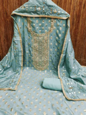 Dress material pakistani suit pakistani suit simple dress material suit cotton suit churidar material salwar suit suit for women Name: Bliss Flair Mint Green Chanderi Cotton Embroidered Dress Material For Women With Heavy Neck And Lace (Unstitched) Dress material pakistani suit pakistani suit simple dress material suit cotton suit churidar material salwar suit suit for women Top Fabric: Chanderi Cotton + Top Length: 2.25 Meters Bottom Fabric: Cotton Blend + Bottom Length: 2.25 Meters Dupatta Fabric: Jacquard + Dupatta Length: 2.25 Meters Lining Fabric: Cotton Blend Type: Un Stitched Pattern: Embroidered Net Quantity (N): Single pakistani suit pakistani suit simple dress material suit cotton suit churidar material salwar suit suit for women. Pakistani trending suits have created a in the Indian fashion industry Patiyala suits originated from the Patiyala region of Punjab Traditionally worn by Muslim brides, these suits often come in heavily embellished designs and patterns. The Dupattas are also quite heavy and have intricate Zari or mirror work to match the pattern of the suit Party Wear Suit , Best Deal Suit , New Arrivals , Work Wear Suit , Fresh Collection , Unstiched Suit , Patiala Suits ' Engagement Womens Suit , Sangeet Womens Suit , Wedding Womens Suit , Daily Wear Suit , HaldiFunction Wear Suits All Occastions Wear Suit Latest Unstitched dress material have Self Design,Embroidered,Floral Pattern With Sequence Thread work embroidery suit fabric. It Is Available In Free Size And Can Be Stitched To Suit Your Measurements. Country of Origin: India