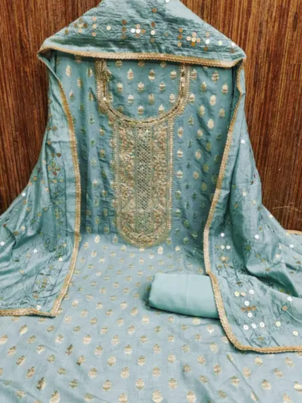 Dress material pakistani suit pakistani suit simple dress material suit cotton suit churidar material salwar suit suit for women Name: Bliss Flair Mint Green Chanderi Cotton Embroidered Dress Material For Women With Heavy Neck And Lace (Unstitched) Dress material pakistani suit pakistani suit simple dress material suit cotton suit churidar material salwar suit suit for women Top Fabric: Chanderi Cotton + Top Length: 2.25 Meters Bottom Fabric: Cotton Blend + Bottom Length: 2.25 Meters Dupatta Fabric: Jacquard + Dupatta Length: 2.25 Meters Lining Fabric: Cotton Blend Type: Un Stitched Pattern: Embroidered Net Quantity (N): Single pakistani suit pakistani suit simple dress material suit cotton suit churidar material salwar suit suit for women. Pakistani trending suits have created a in the Indian fashion industry Patiyala suits originated from the Patiyala region of Punjab Traditionally worn by Muslim brides, these suits often come in heavily embellished designs and patterns. The Dupattas are also quite heavy and have intricate Zari or mirror work to match the pattern of the suit Party Wear Suit , Best Deal Suit , New Arrivals , Work Wear Suit , Fresh Collection , Unstiched Suit , Patiala Suits ‘ Engagement Womens Suit , Sangeet Womens Suit , Wedding Womens Suit , Daily Wear Suit , HaldiFunction Wear Suits All Occastions Wear Suit Latest Unstitched dress material have Self Design,Embroidered,Floral Pattern With Sequence Thread work embroidery suit fabric. It Is Available In Free Size And Can Be Stitched To Suit Your Measurements. Country of Origin: India