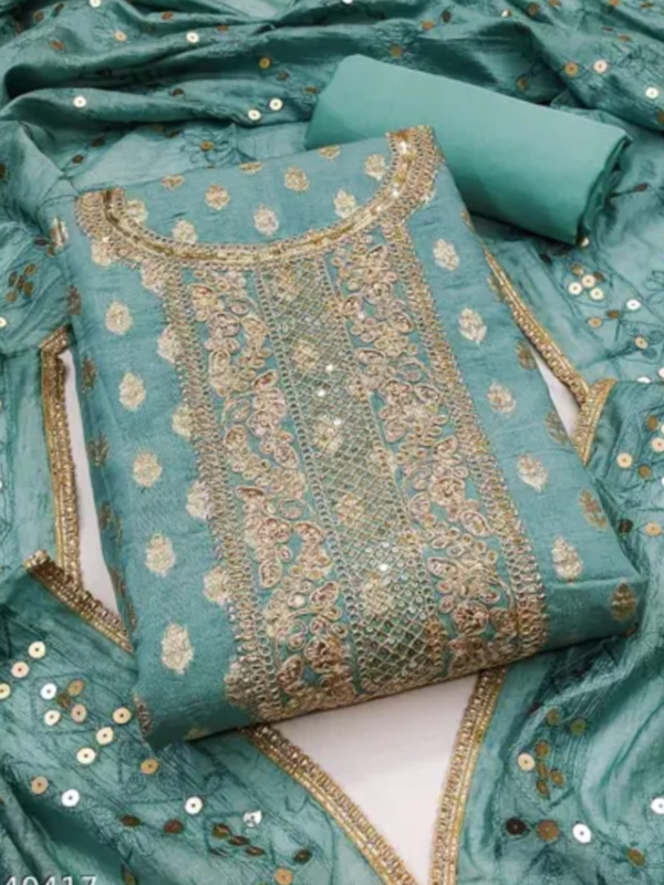 Dress material pakistani suit pakistani suit simple dress material suit cotton suit churidar material salwar suit suit for women Name: Bliss Flair Mint Green Chanderi Cotton Embroidered Dress Material For Women With Heavy Neck And Lace (Unstitched) Dress material pakistani suit pakistani suit simple dress material suit cotton suit churidar material salwar suit suit for women Top Fabric: Chanderi Cotton + Top Length: 2.25 Meters Bottom Fabric: Cotton Blend + Bottom Length: 2.25 Meters Dupatta Fabric: Jacquard + Dupatta Length: 2.25 Meters Lining Fabric: Cotton Blend Type: Un Stitched Pattern: Embroidered Net Quantity (N): Single pakistani suit pakistani suit simple dress material suit cotton suit churidar material salwar suit suit for women. Pakistani trending suits have created a in the Indian fashion industry Patiyala suits originated from the Patiyala region of Punjab Traditionally worn by Muslim brides, these suits often come in heavily embellished designs and patterns. The Dupattas are also quite heavy and have intricate Zari or mirror work to match the pattern of the suit Party Wear Suit , Best Deal Suit , New Arrivals , Work Wear Suit , Fresh Collection , Unstiched Suit , Patiala Suits ‘ Engagement Womens Suit , Sangeet Womens Suit , Wedding Womens Suit , Daily Wear Suit , HaldiFunction Wear Suits All Occastions Wear Suit Latest Unstitched dress material have Self Design,Embroidered,Floral Pattern With Sequence Thread work embroidery suit fabric. It Is Available In Free Size And Can Be Stitched To Suit Your Measurements. Country of Origin: India