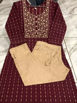 Cotton Maroon Embroidery Kurti with