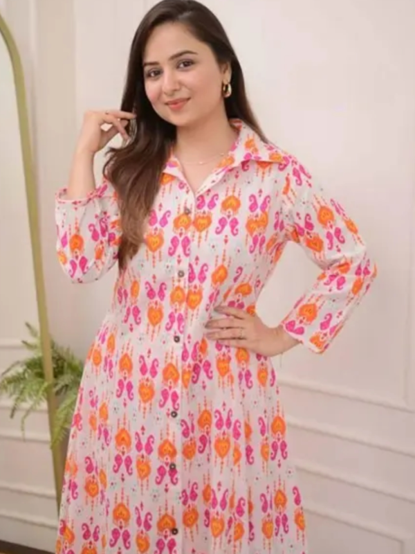 Floral Printed Shirt Collar A-Line Pure