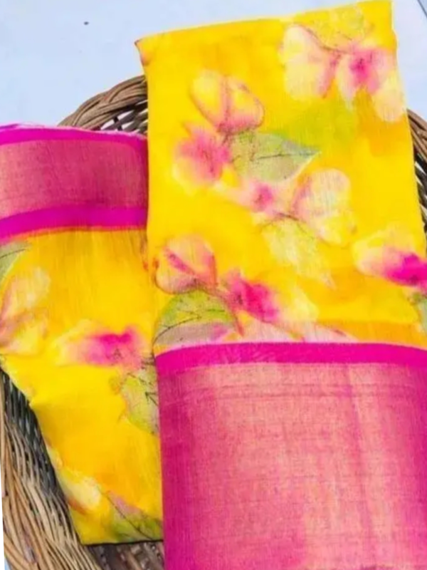 Flowerprintedcottonyellowsaree