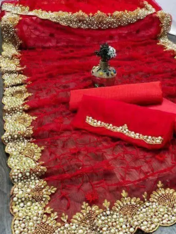 Red beads & stones saree with blouse