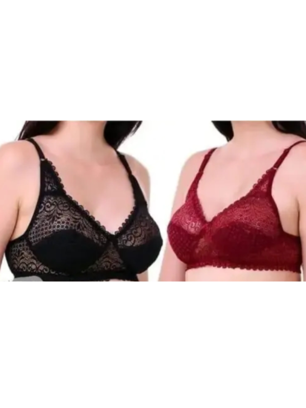 Women Fancy Stylish Wireless Comfertbale Lace NET Full Coverage Non Padded Bra Pack of 2 (Multicolor)