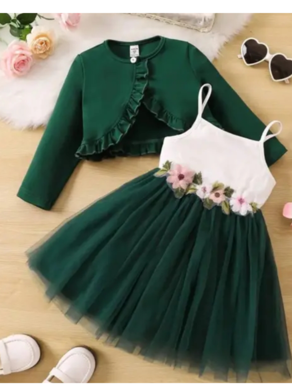 Baby girls Ruffle Trim Jacket & Appliques Mesh Flare Hem Cami Dress