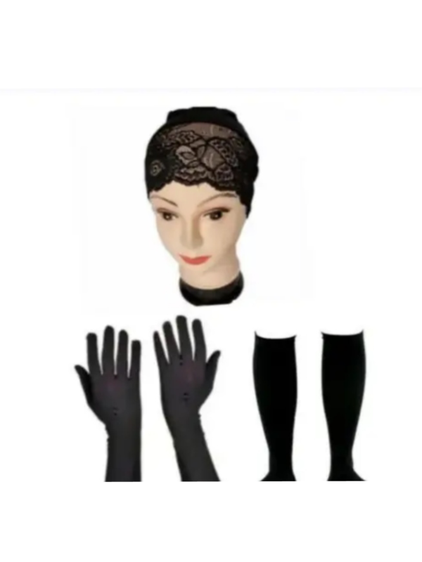 Hijab cape with a pair of black long gloves and long socks combo of 3 made up of cotton blend