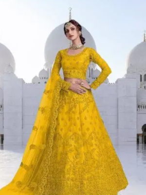 Yellow net embroidered lehenga