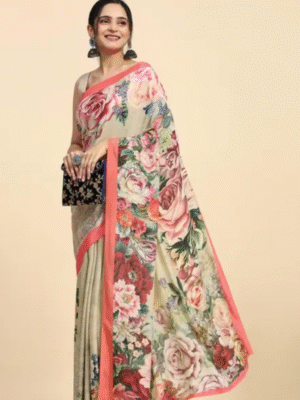 Bollywood digital floral printed satin crepe saree