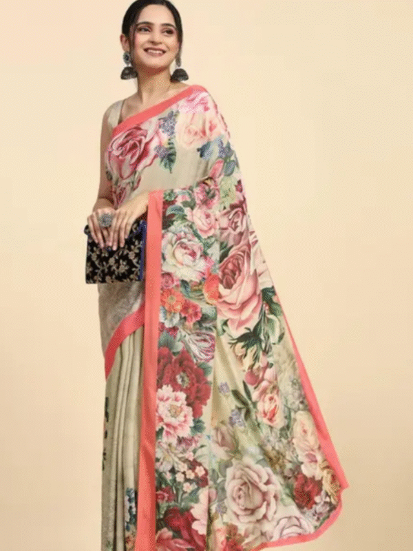 Bollywood digital floral printed satin crepe saree